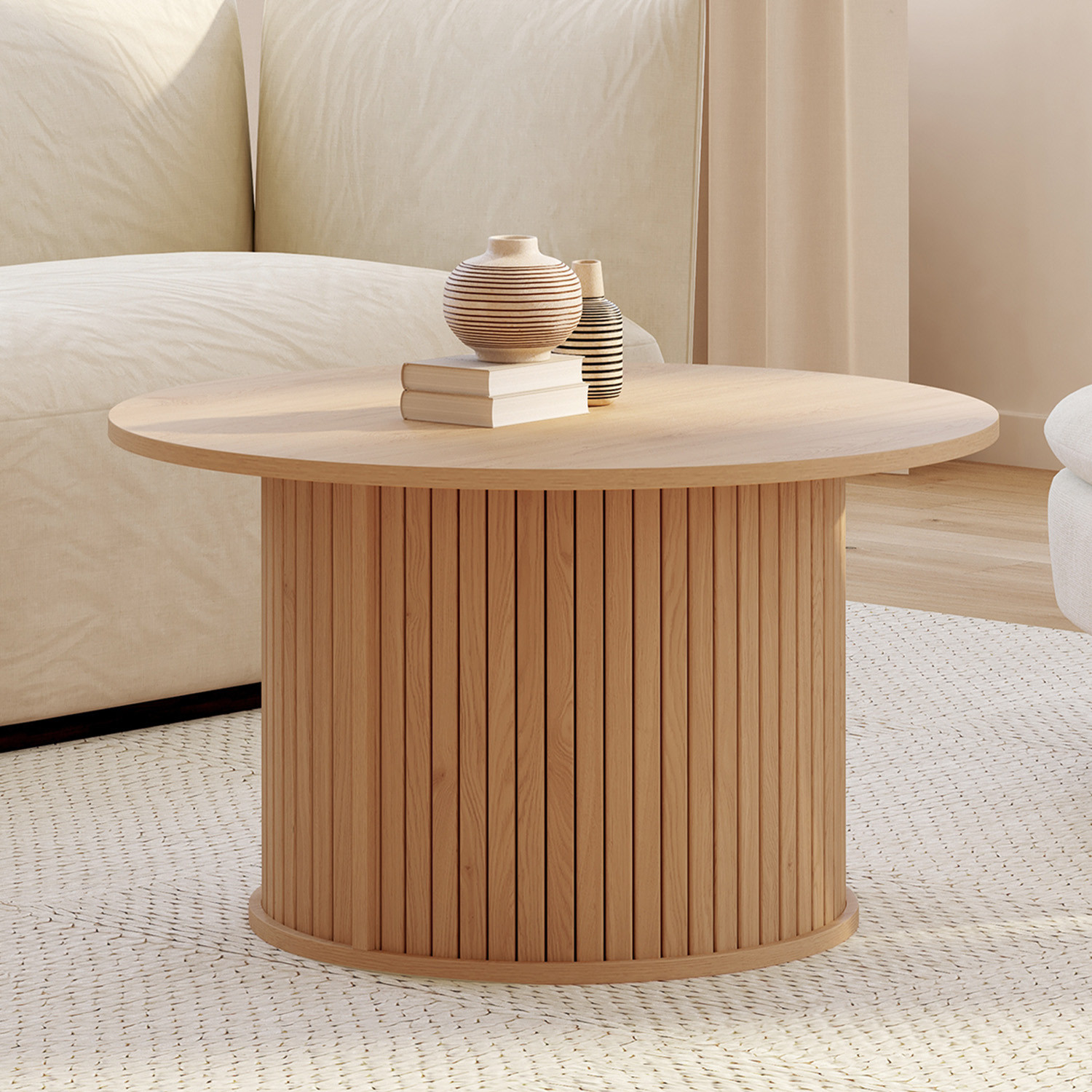 Table basse ronde moderne 70 cm lattes coloris chêne