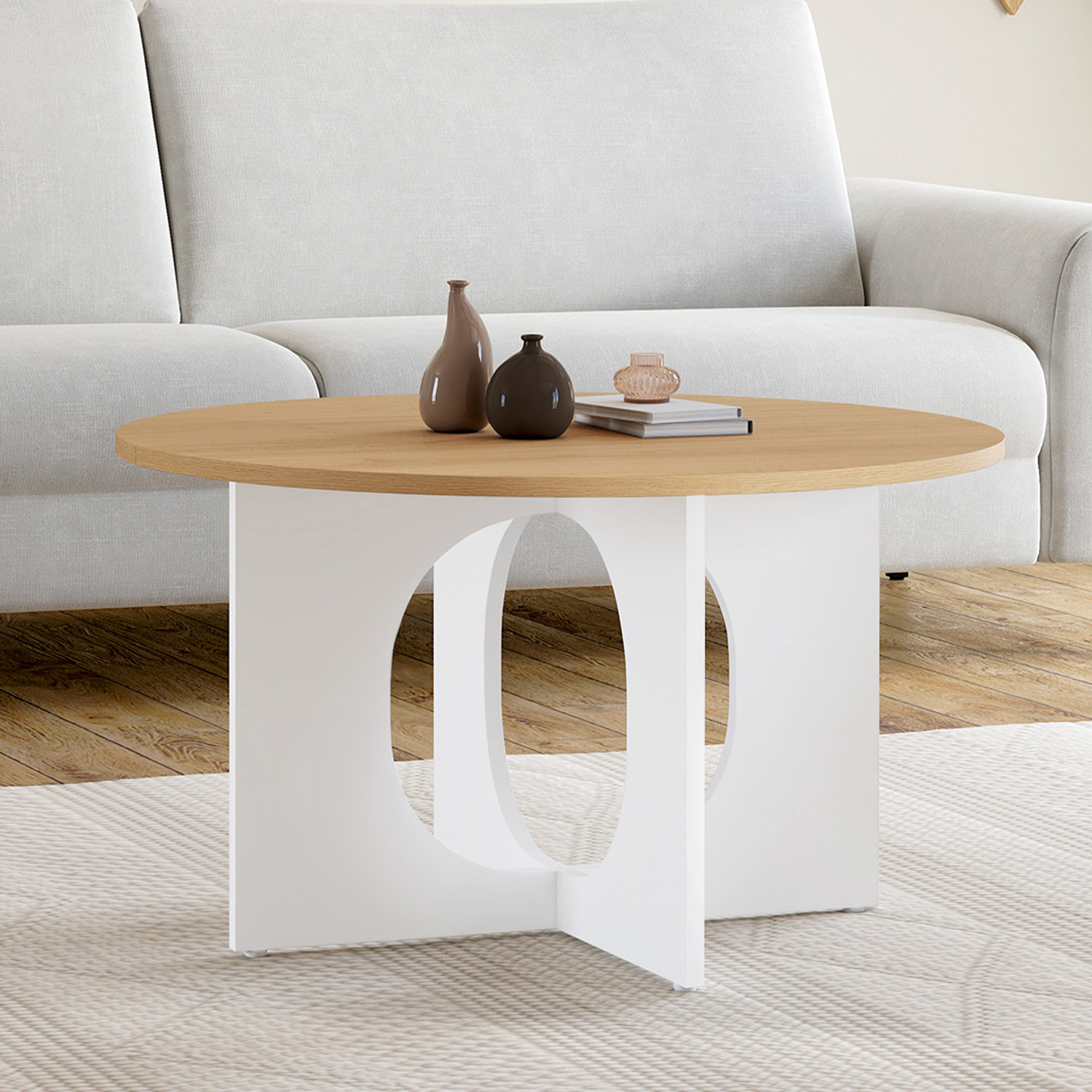 Table basse ronde 70 cm pied arc blanc