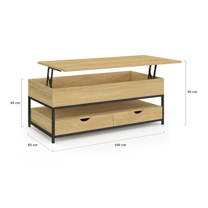 Mesa de centro rectangular con tablero elevable y 2 cajones - DETROIT | IDMarket