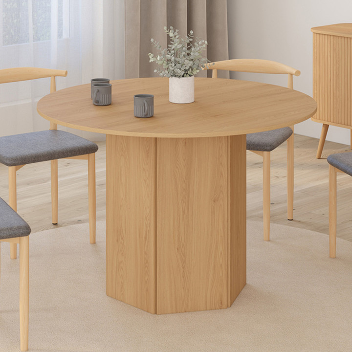 Mesa de comedor redonda 6 personas 110cm pata hexagonal madera efecto haya - BERTHE | ID Market