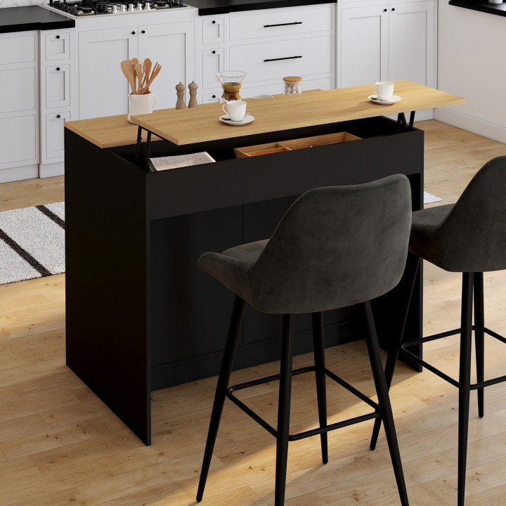 ¡Isla central de 110 cm con estante rectangular elevable en madera negra y grano de haya - CESAR | Zen Cart! IDMarket