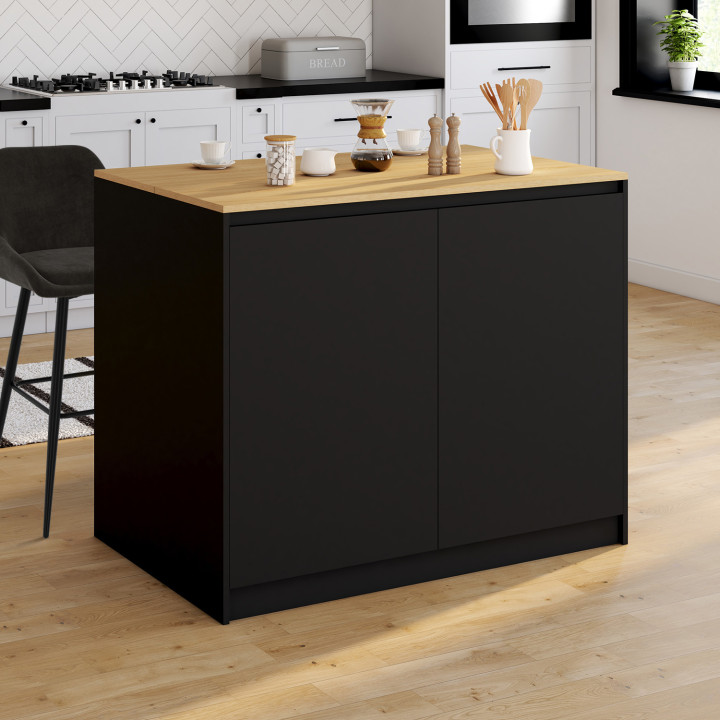 ¡Isla central de 110 cm con estante rectangular elevable en madera negra y grano de haya - CESAR | Zen Cart! IDMarket