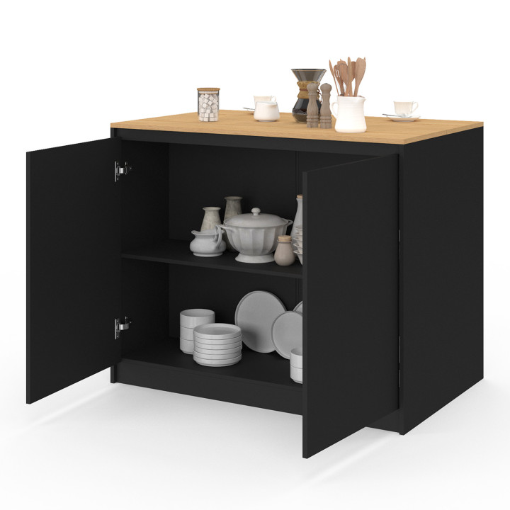 ¡Isla central de 110 cm con estante rectangular elevable en madera negra y grano de haya - CESAR | Zen Cart! IDMarket