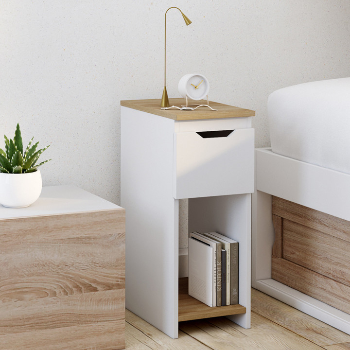 Lot de 2 tables de chevet ANOUK 1 tiroir avec niche blanc et bois