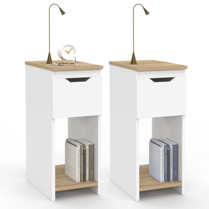 Lot de 2 tables de chevet ANOUK 1 tiroir avec niche blanc et bois