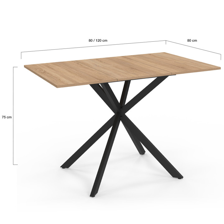 Mesa de comedor cuadrada extensible 4-6 personas madera y pata de araña negra 80-120 cm - ALIX | The ALIX Group IDMarket