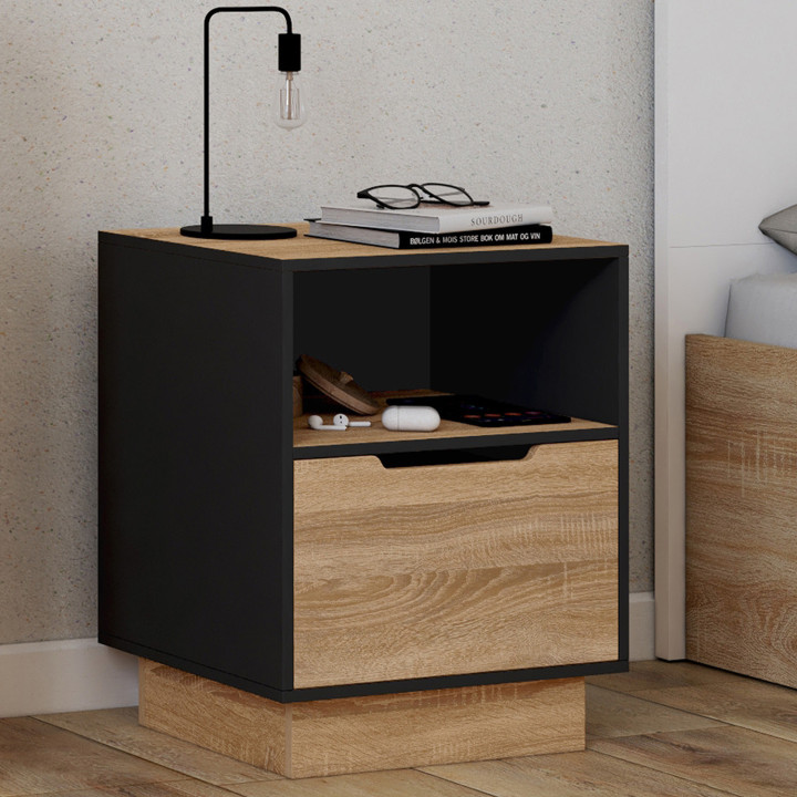 Juego de 2 mesitas de noche con 1 cajón y nicho haya y negro - OXANA | IDMarket