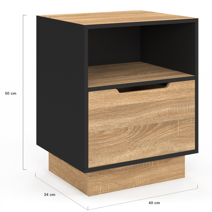 Juego de 2 mesitas de noche con 1 cajón y nicho haya y negro - OXANA | IDMarket