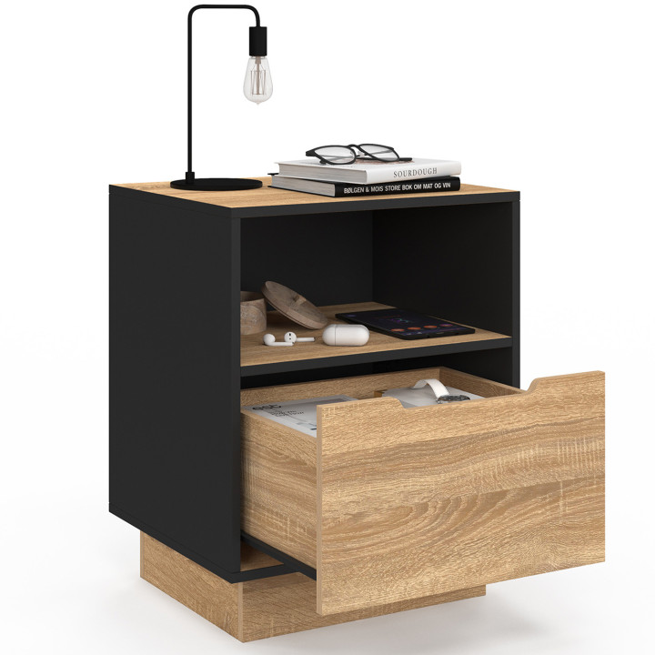 Juego de 2 mesitas de noche con 1 cajón y nicho haya y negro - OXANA | IDMarket