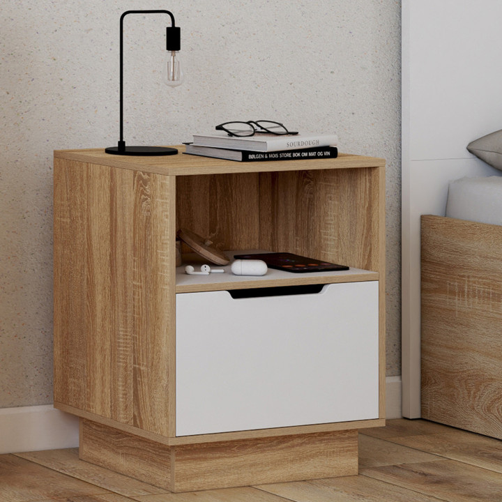 Juego de 2 mesitas de noche con 1 cajón y nicho blanco y haya - OXANA | IDMarket