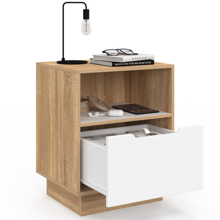 Juego de 2 mesitas de noche con 1 cajón y nicho blanco y haya - OXANA | IDMarket