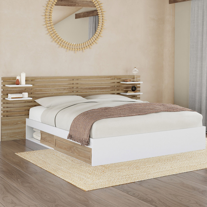 Cama doble 160 x 200 cm en haya y blanco - SAVANA | IDMarket