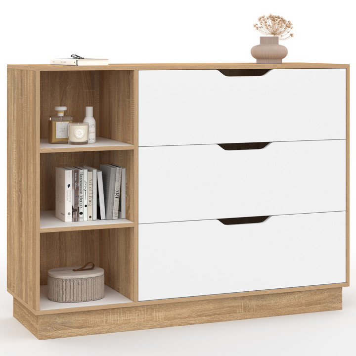 Cómoda con 3 cajones y 3 nichos haya y blanco - OXANA | IDMarket