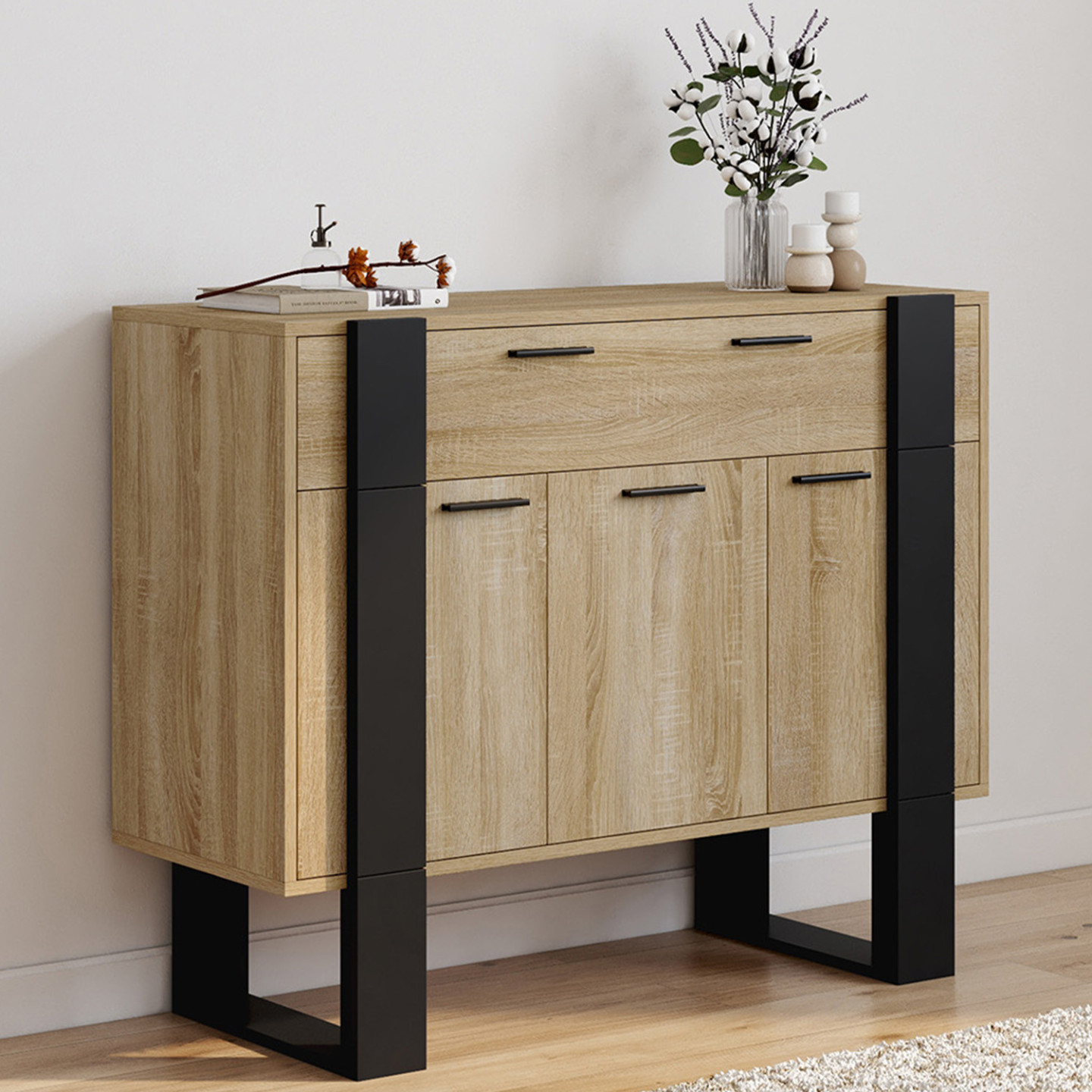 Sideboard 100 cm mit 3 Türen und 1 Schublade Holz und schwarz - PHOENIX
