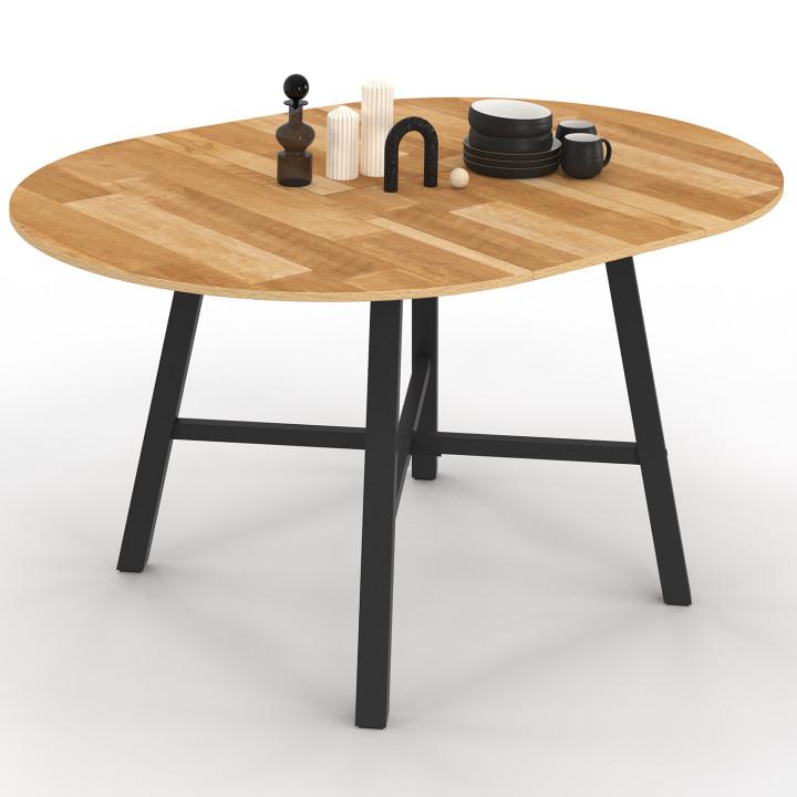 Mesa de comedor redonda extensible 4-6 personas madera y metal negro - MADELEINE | Mesa de comedor redonda extensible 4-6 person