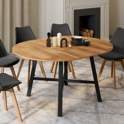 Mesa de comedor redonda extensible 4-6 personas madera y metal negro - MADELEINE | Mesa de comedor redonda extensible 4-6 person