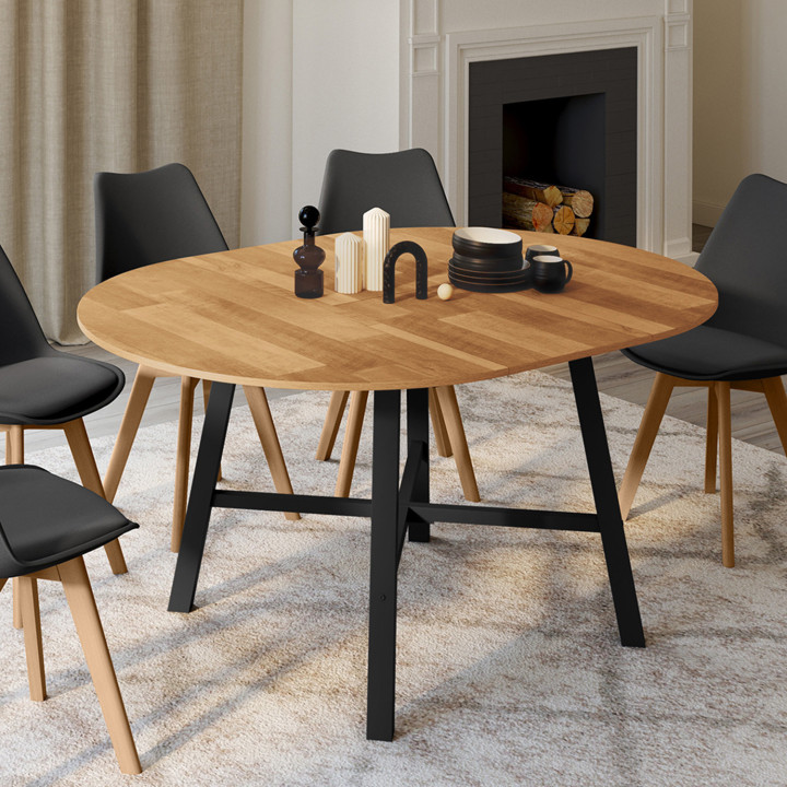 Mesa de comedor redonda extensible 4-6 personas madera y metal negro - MADELEINE | Mesa de comedor redonda extensible 4-6 person