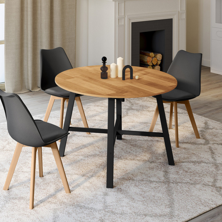Mesa de comedor redonda extensible 4-6 personas madera y metal negro - MADELEINE | Mesa de comedor redonda extensible 4-6 person