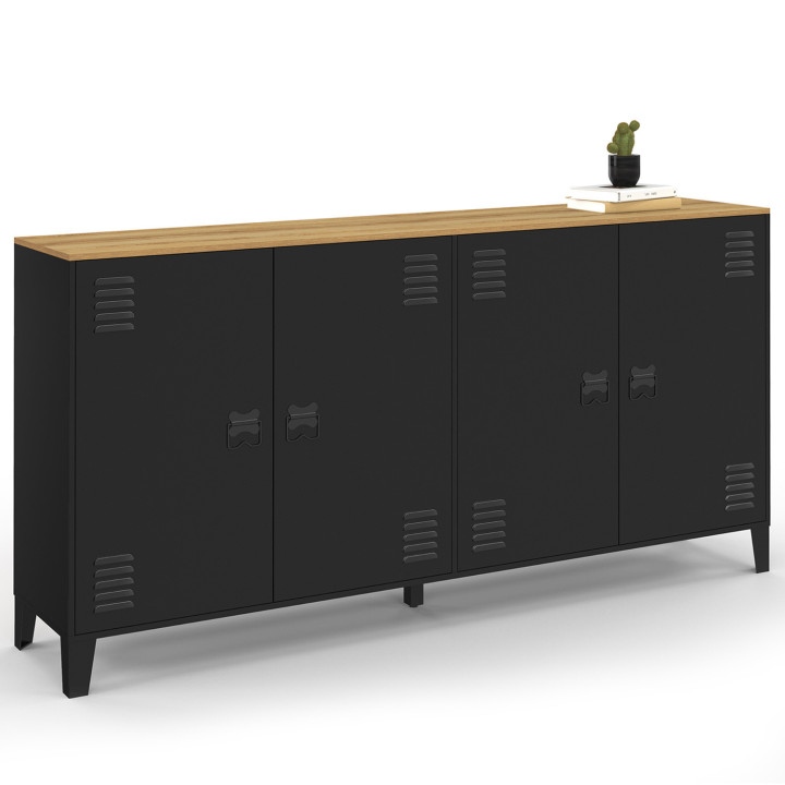 ESTER 160 cm Credenza a 4 ante in metallo nero con piano in legno dal design industriale