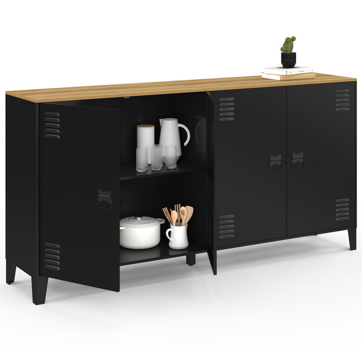 ESTER 160cm Aparador de 4 puertas de metal negro con tapa de madera de diseño industrial