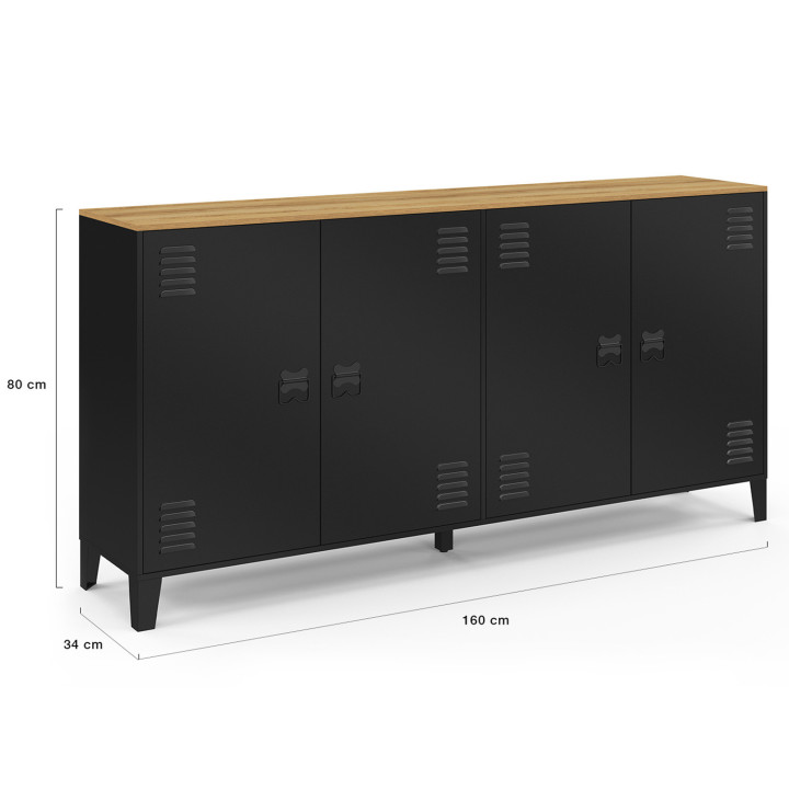 ESTER 160cm Aparador de 4 puertas de metal negro con tapa de madera de diseño industrial
