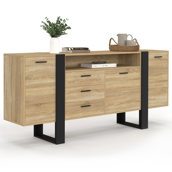 Aparador de 3 puertas y 3 cajones de 180 cm XXL con nicho de madera y negro - PHOENIX | IdMarket