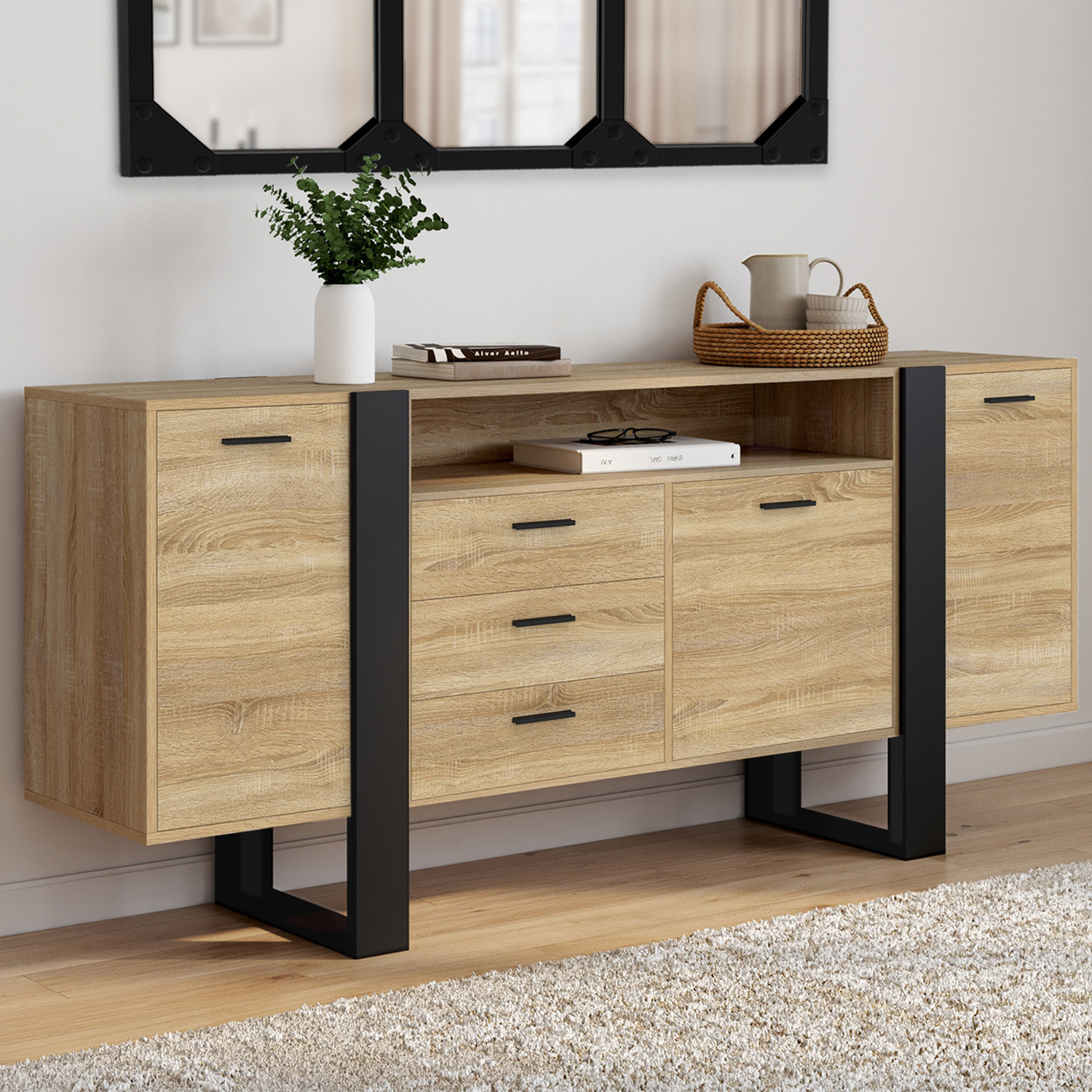 Buffet industriel de 180 cm avec 3 portes, 3 tiroirs et niche, coloris bois et noir