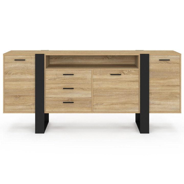 Aparador de 3 puertas y 3 cajones de 180 cm XXL con nicho de madera y negro - PHOENIX | IdMarket