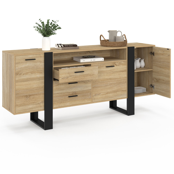 Aparador de 3 puertas y 3 cajones de 180 cm XXL con nicho de madera y negro - PHOENIX | IdMarket