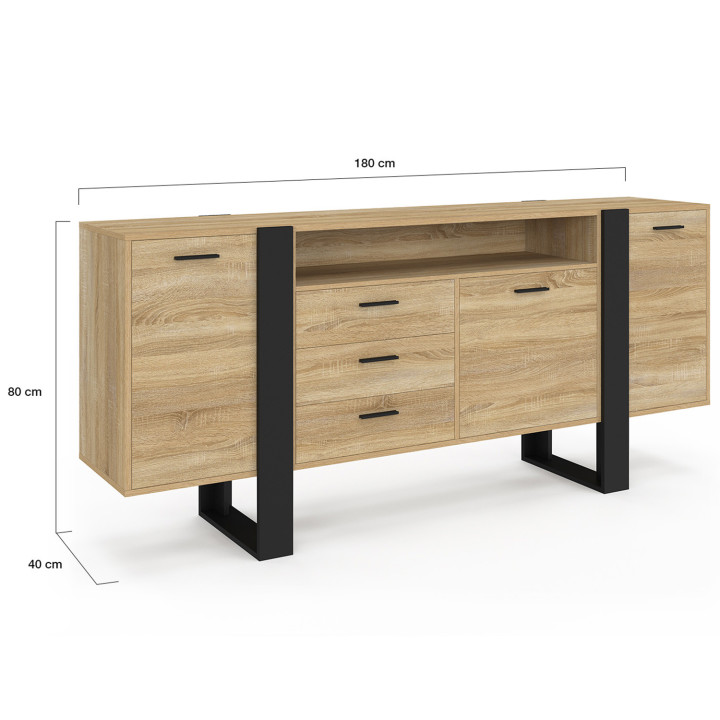 Aparador de 3 puertas y 3 cajones de 180 cm XXL con nicho de madera y negro - PHOENIX | IdMarket