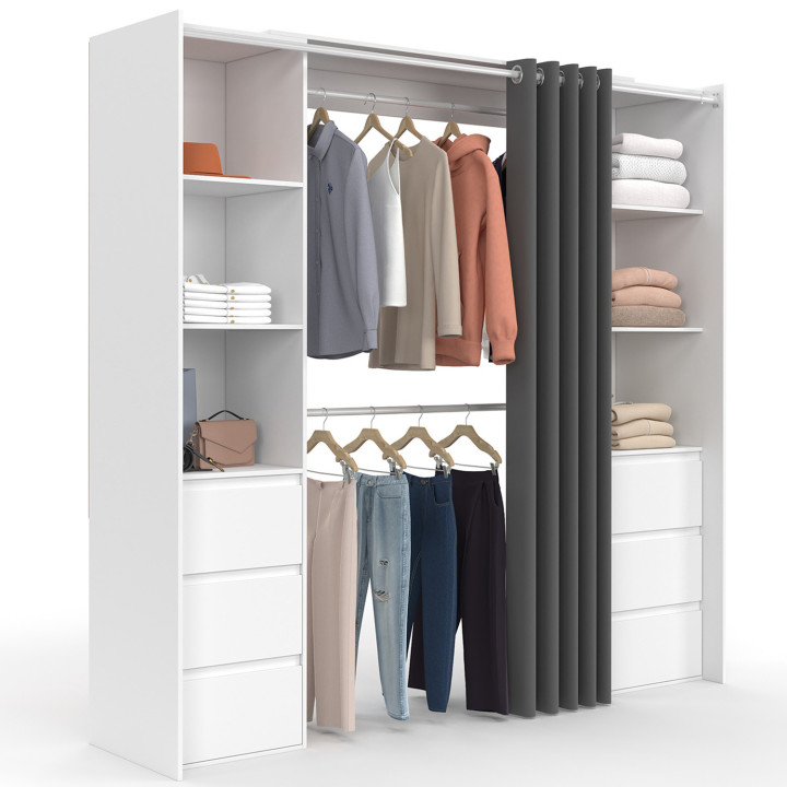 Armario doble extensible 120/180 cm blanco con 6 cajones + estantes + armario doble + cortina gris - MERYL | IDMarket