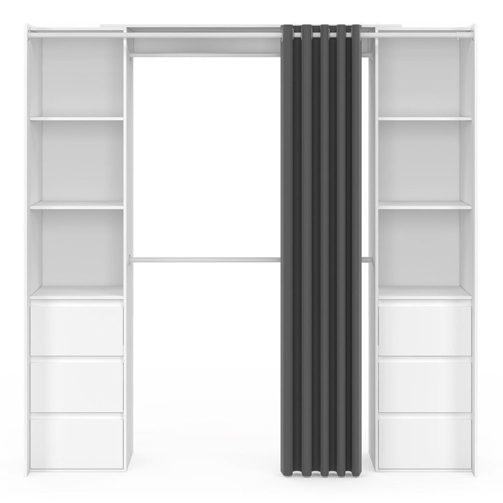 Armario doble extensible 120/180 cm blanco con 6 cajones + estantes + armario doble + cortina gris - MERYL | IDMarket