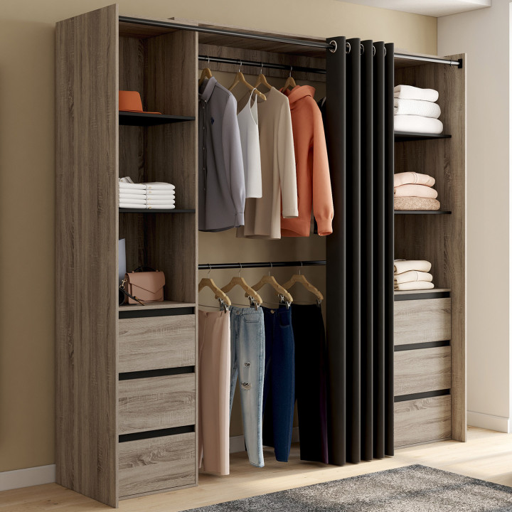 Armario doble extensible 120/180 cm haya con 6 cajones + estanterias + armario doble + cortina negra - MERYL | IDMarket