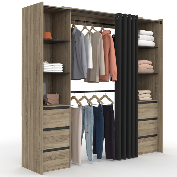 Armario doble extensible 120/180 cm haya con 6 cajones + estanterias + armario doble + cortina negra - MERYL | IDMarket
