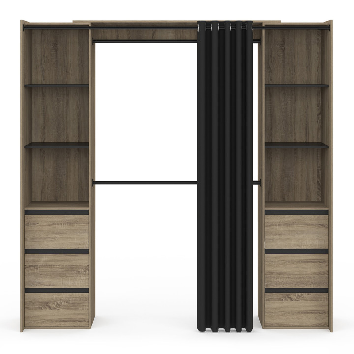 Armario doble extensible 120/180 cm haya con 6 cajones + estanterias + armario doble + cortina negra - MERYL | IDMarket