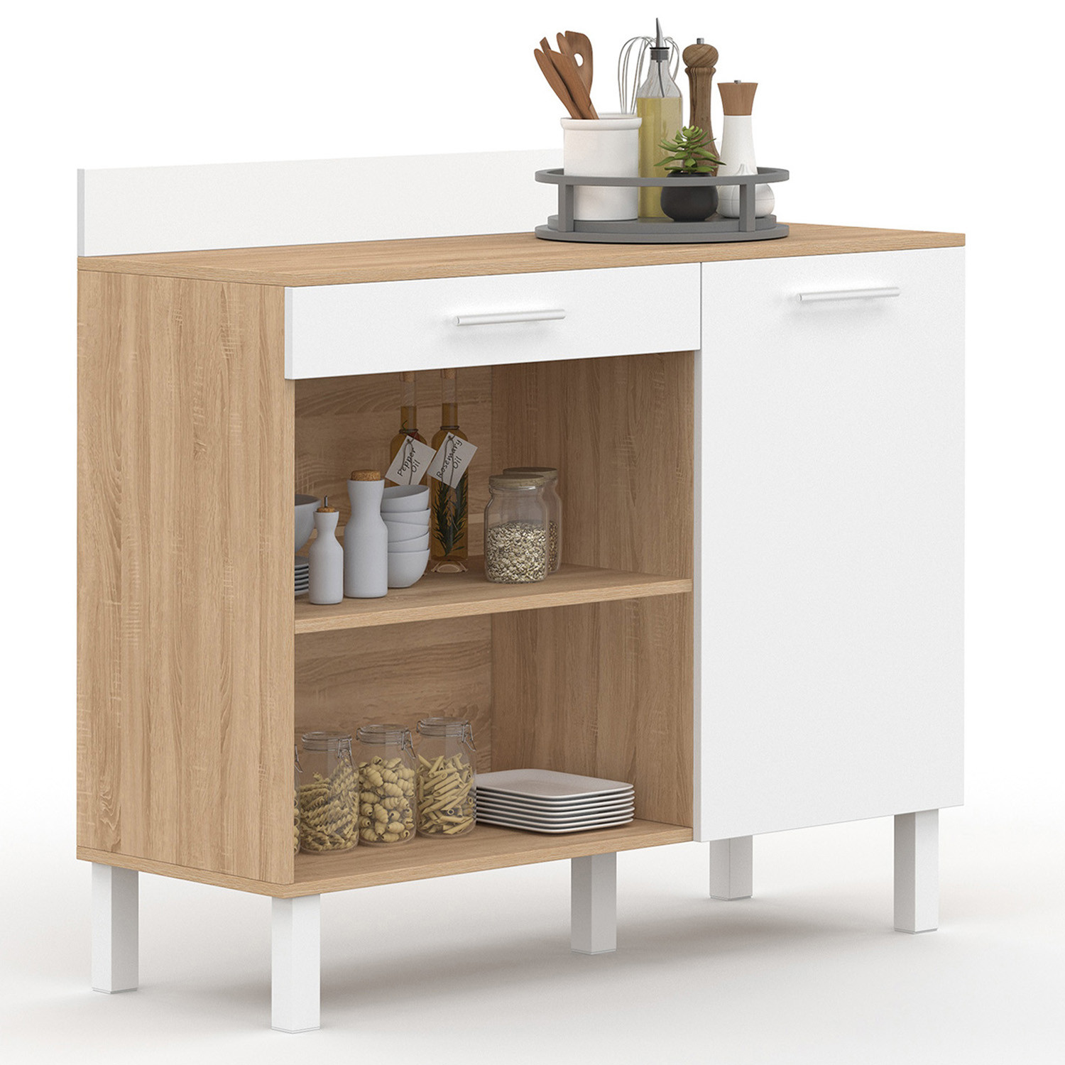 Buffet de cuisine bas 100 cm bois façon hêtre et blanc plan de travail H.83 cm