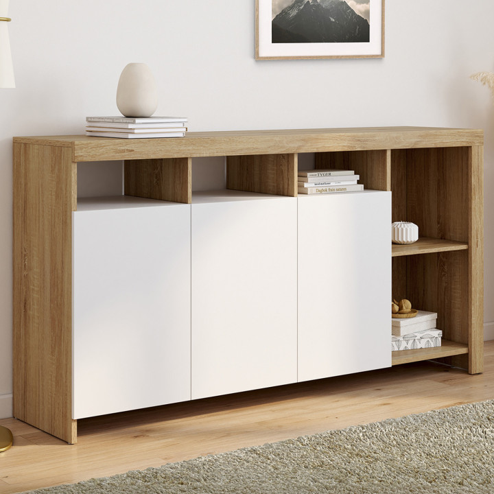 Aparador de 140 cm con puertas de madera y blancas - MALO [ IDMarket
