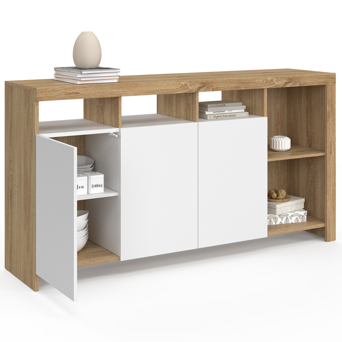 Buffet 140 Cm Blanc Et Bois - 2 Portes, 3 Tiroirs, étagères Ouvertes - Éclairage LED Intégré - Meuble Rangement Salon/salle à Manger