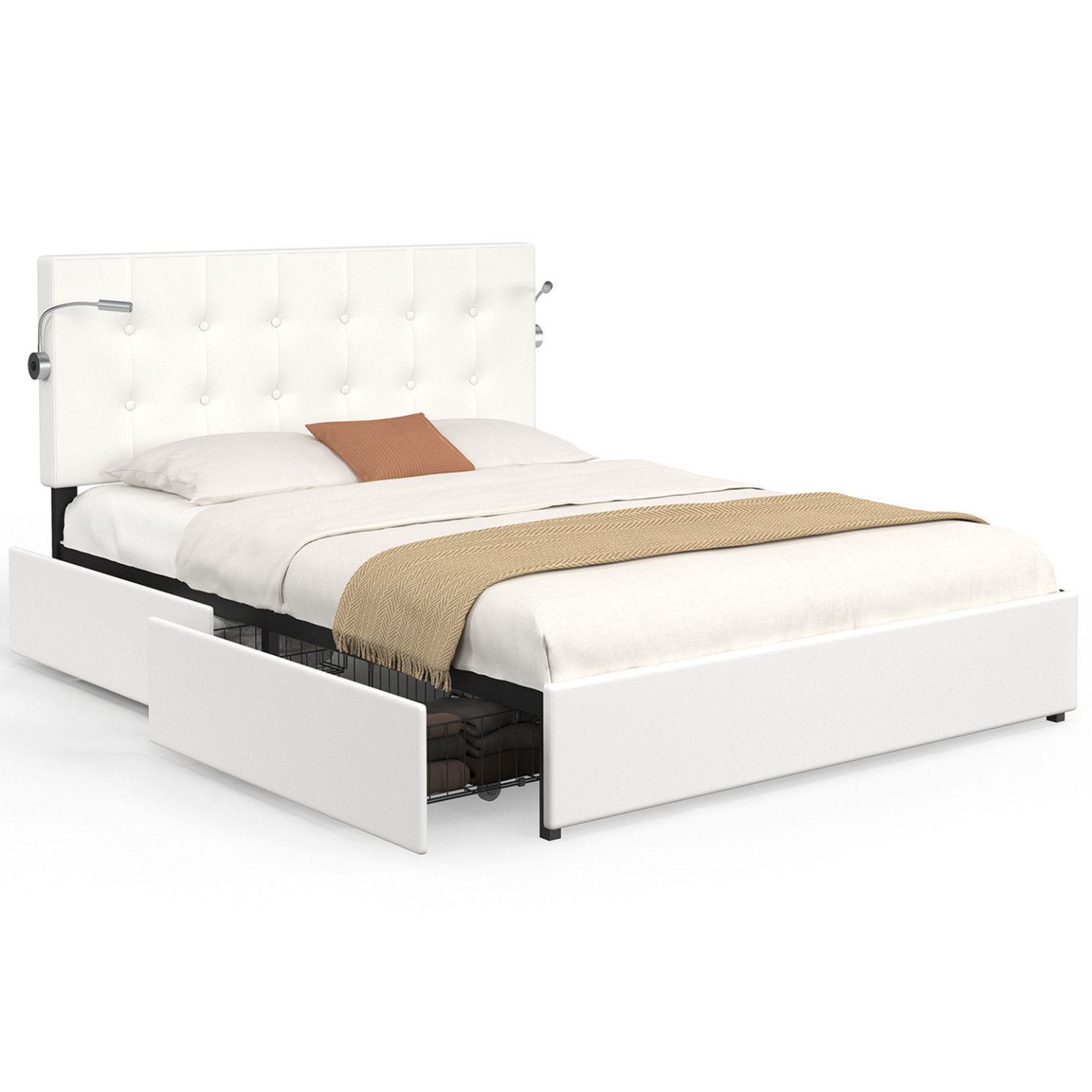 Lit double 140 x 190 tête de lit capitonnée PVC blanc et liseuses — free download