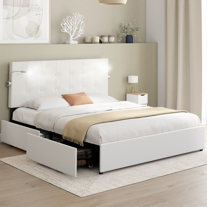 ¡Cama doble 140 x 190 cabecero tapizado PVC blanco y luces de lectura - MAEL | Zen Cart! IDMarket