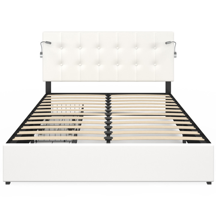 ¡Cama doble 140 x 190 cabecero tapizado PVC blanco y luces de lectura - MAEL | Zen Cart! IDMarket