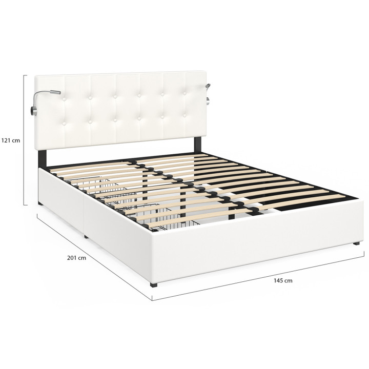 ¡Cama doble 140 x 190 cabecero tapizado PVC blanco y luces de lectura - MAEL | Zen Cart! IDMarket