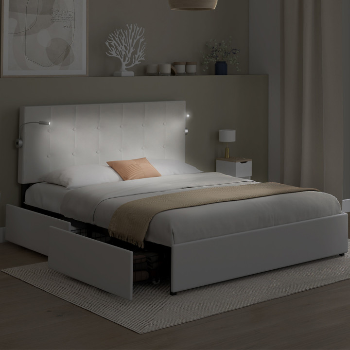 ¡Cama doble 140 x 190 cabecero tapizado PVC blanco y luces de lectura - MAEL | Zen Cart! IDMarket