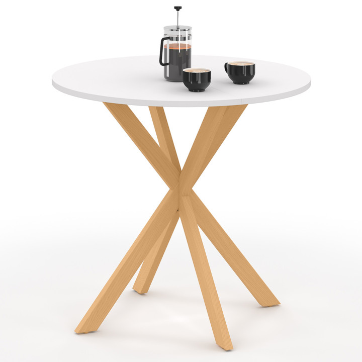 Ronde eettafel met houten spinnenpoot en wit tafelblad - GISELE