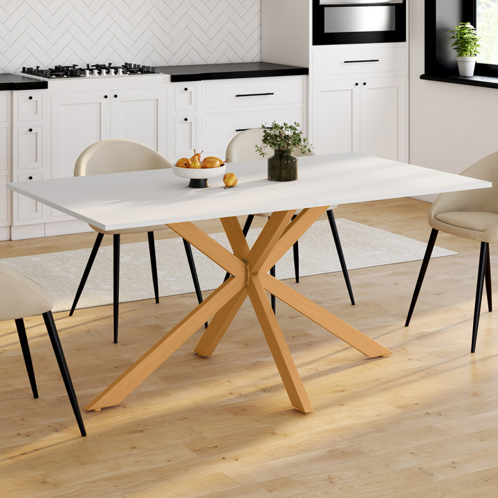 Mesa de comedor rectangular con patas de araña de madera y tapa blanca - GISELE | IDMarket