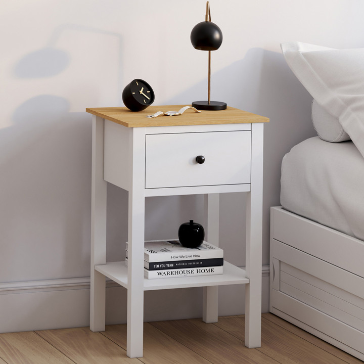Mesillas de noche con 1 cajón y 1 estante blanco y tapa de madera - ACHILLE | IdMarket