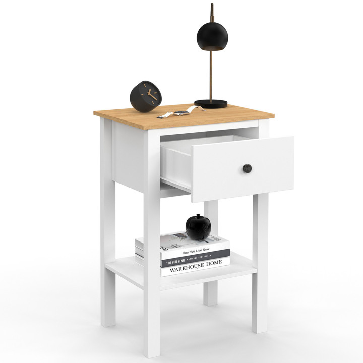 Mesillas de noche con 1 cajón y 1 estante blanco y tapa de madera - ACHILLE | IdMarket