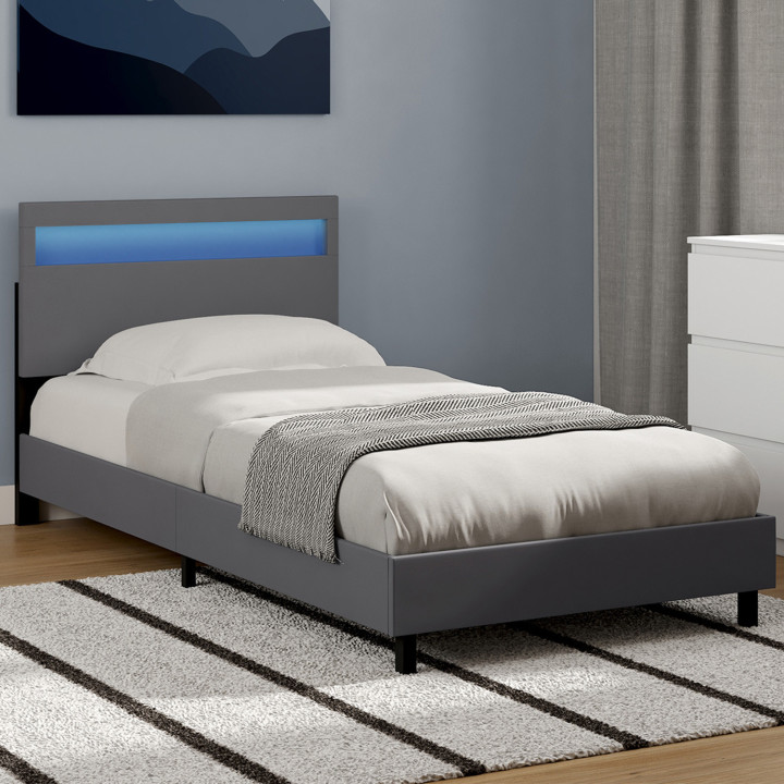 Cama individual con cabecero LED integrado y somier 90 x 190 cm PVC gris - NEO | IDMarket