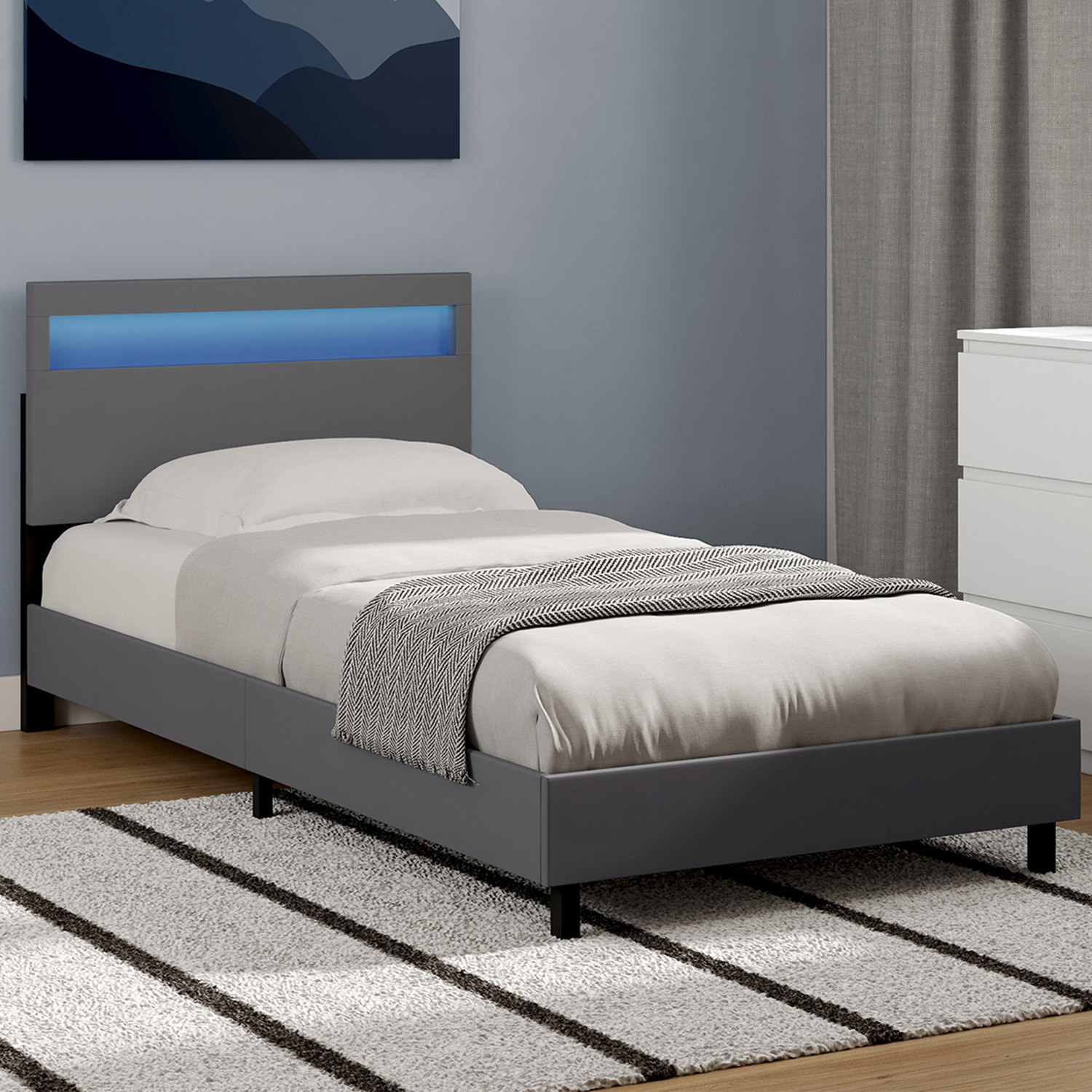 Lit simple 90 x 190 cm avec tête de lit LED intégrées et sommier PVC gris