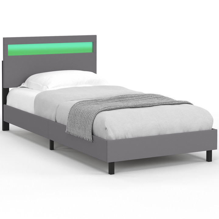 Cama individual con cabecero LED integrado y somier 90 x 190 cm PVC gris - NEO | IDMarket